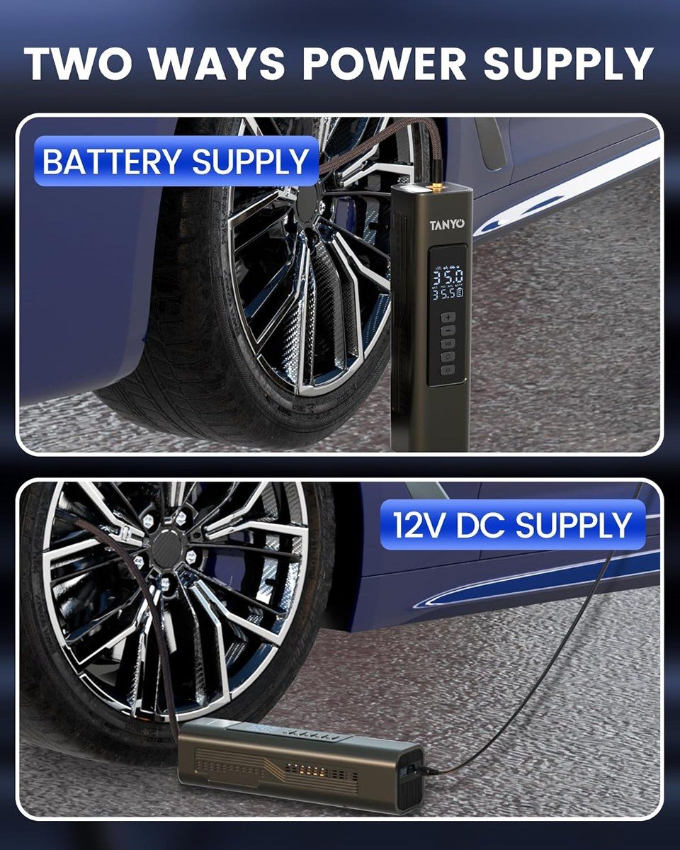 TANYO portable tire inflator connected to a car tyre